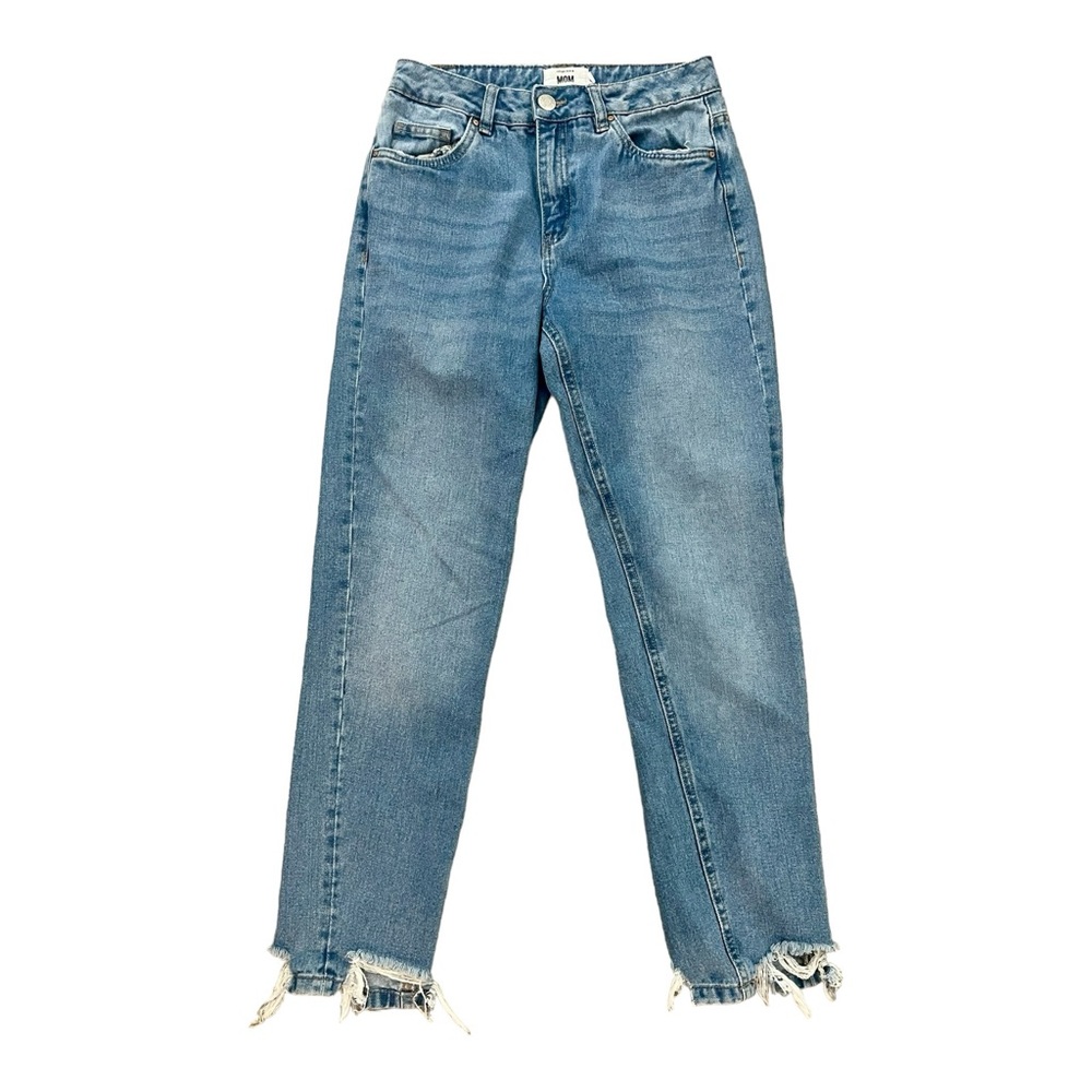 Refuge Denim Jeans Womens Blue Denim MOM High Rise BOHO Distressed Raw Hem